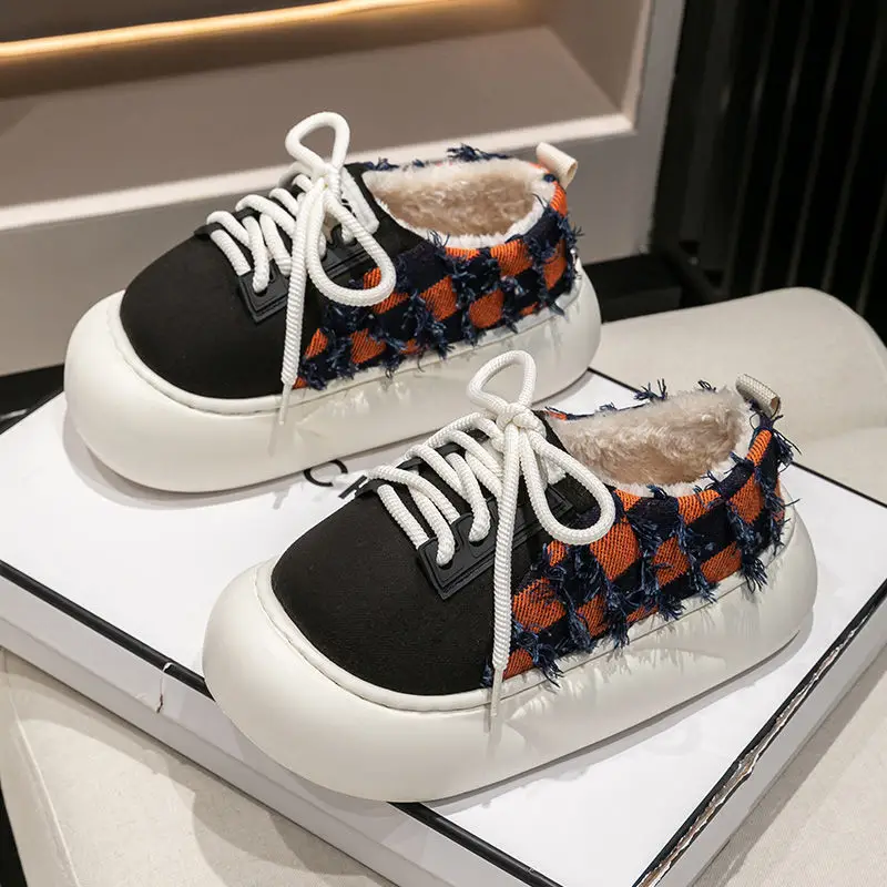 Women Cotton Lace-Up Slippers Winter Warm Thick Soled - Image 4