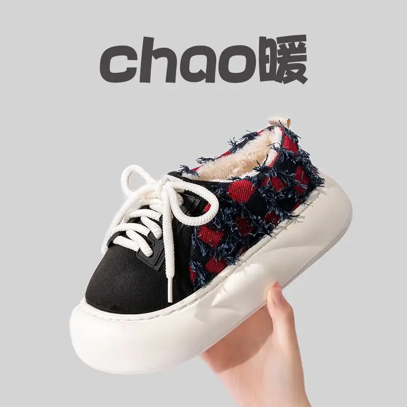 Women Cotton Lace-Up Slippers Winter Warm Thick Soled - Image 5