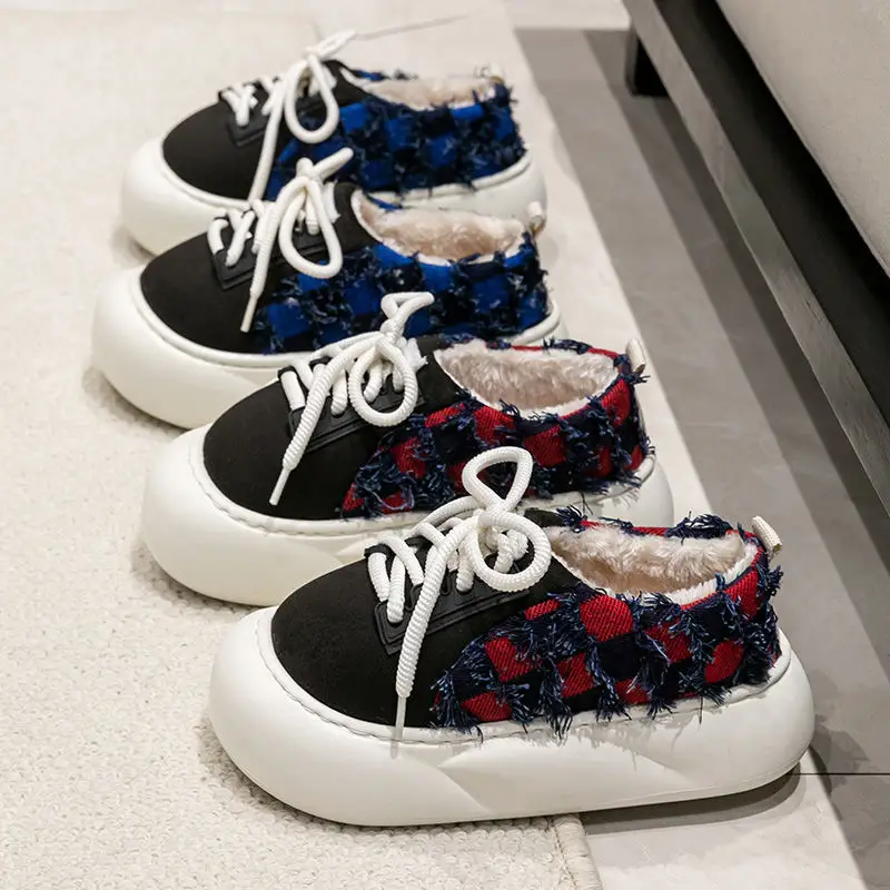 Women Cotton Lace-Up Slippers Winter Warm Thick Soled - Image 7