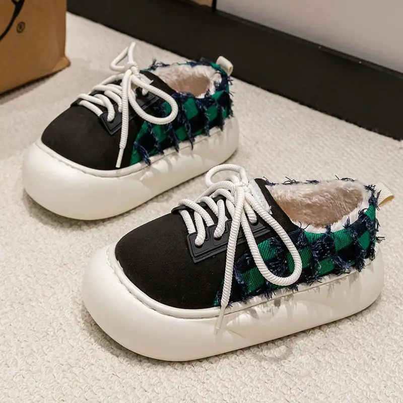 Women Cotton Lace-Up Slippers Winter Warm Thick Soled - Image 2