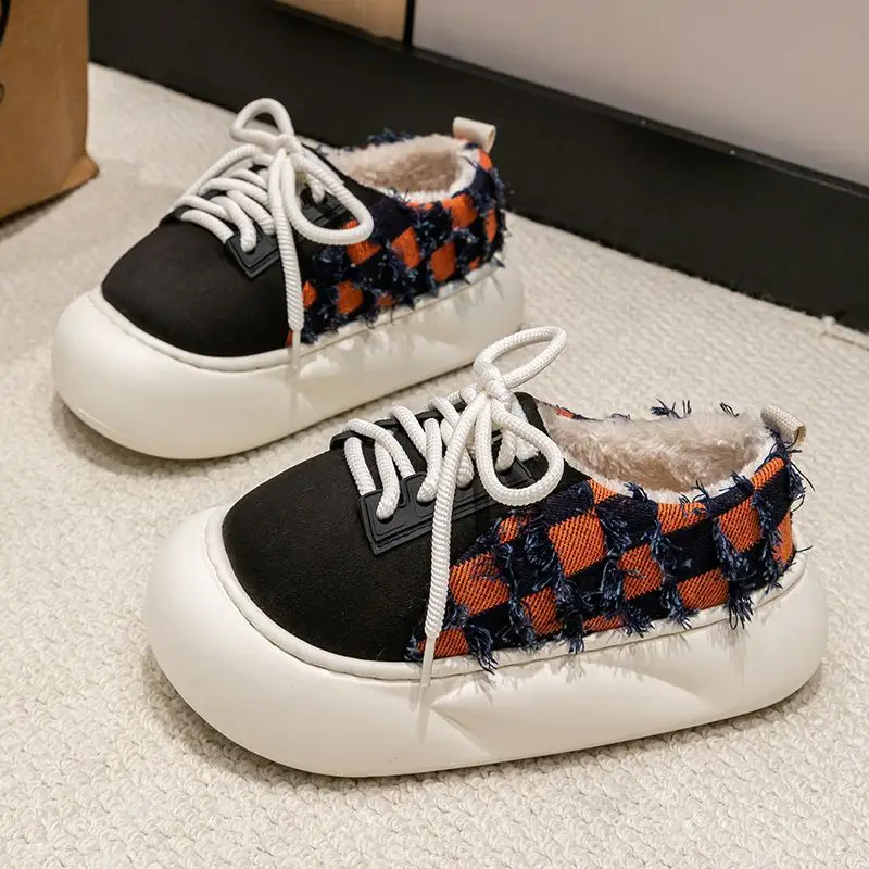 Women Cotton Lace-Up Slippers Winter Warm Thick Soled - Image 3