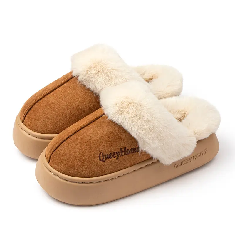Thick-Soled Fashionable Home Cotton Slippers with High Heels, Plush Winter Women's Slippers, Fleece-Lined and Thickened for Warmth, Casual and Suitable for Outdoor Wear