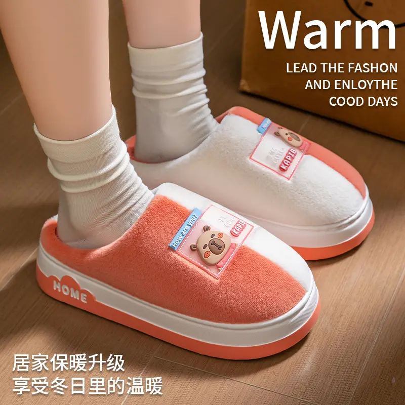 Cotton Slippers with Two-Tone Cartoon Design, Autumn and Winter Home Dormitory Warm Thick-Soled Plush Couple Slippers for Outdoor Use and Postpartum Wear - Image 5
