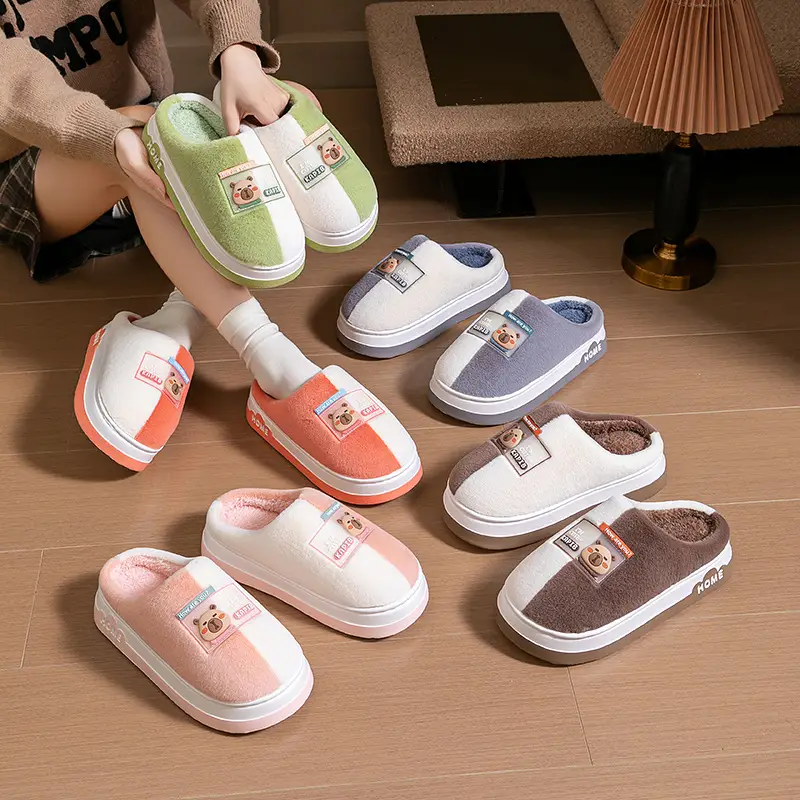 Cotton Slippers with Two-Tone Cartoon Design, Autumn and Winter Home Dormitory Warm Thick-Soled Plush Couple Slippers for Outdoor Use and Postpartum Wear - Image 6