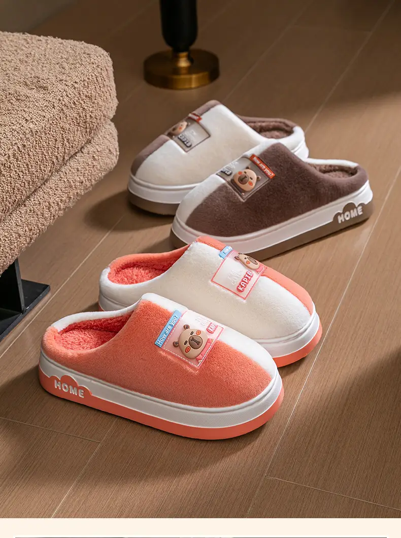 Cotton Slippers with Two-Tone Cartoon Design, Autumn and Winter Home Dormitory Warm Thick-Soled Plush Couple Slippers for Outdoor Use and Postpartum Wear — feature 21