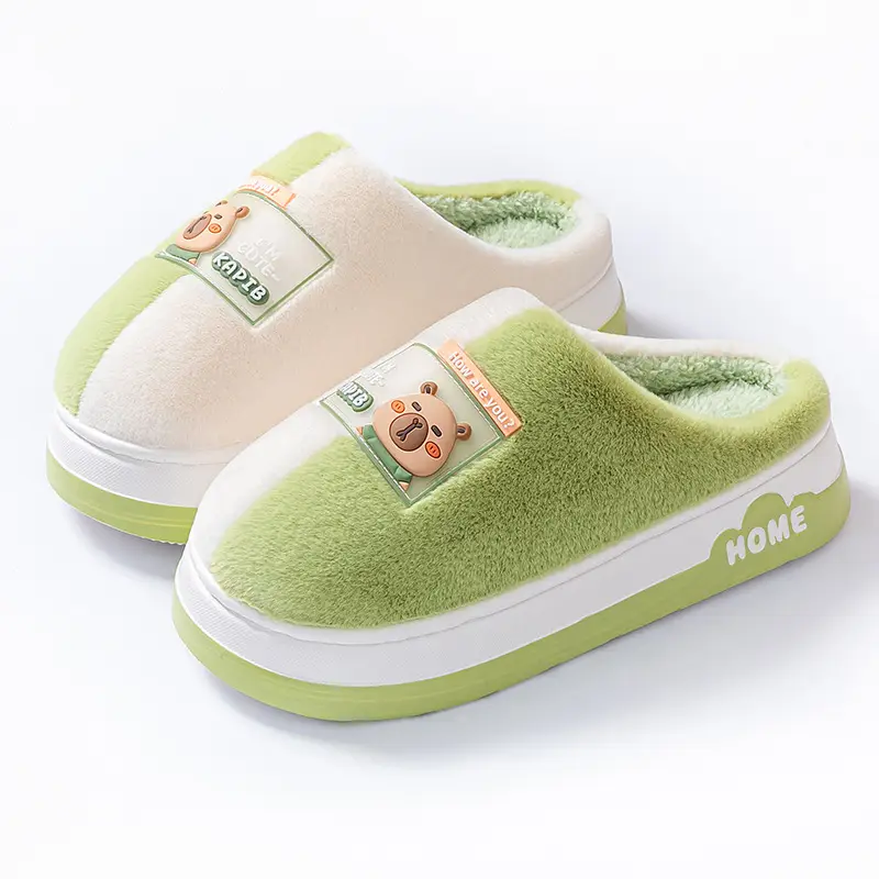 Cotton Slippers with Two-Tone Cartoon Design, Autumn and Winter Home Dormitory Warm Thick-Soled Plush Couple Slippers for Outdoor Use and Postpartum Wear - Image 2
