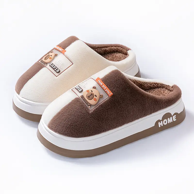 Cotton Slippers with Two-Tone Cartoon Design, Autumn and Winter Home Dormitory Warm Thick-Soled Plush Couple Slippers for Outdoor Use and Postpartum Wear - Image 3