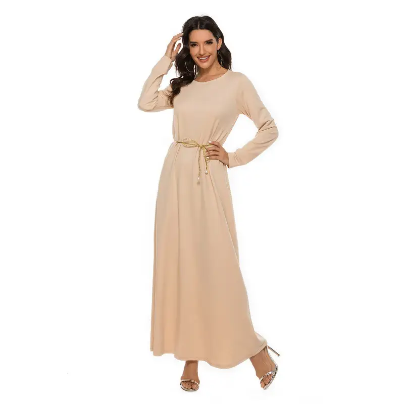 Long Sleeve Muslim Prayer Wear Beige Round Neck Dress