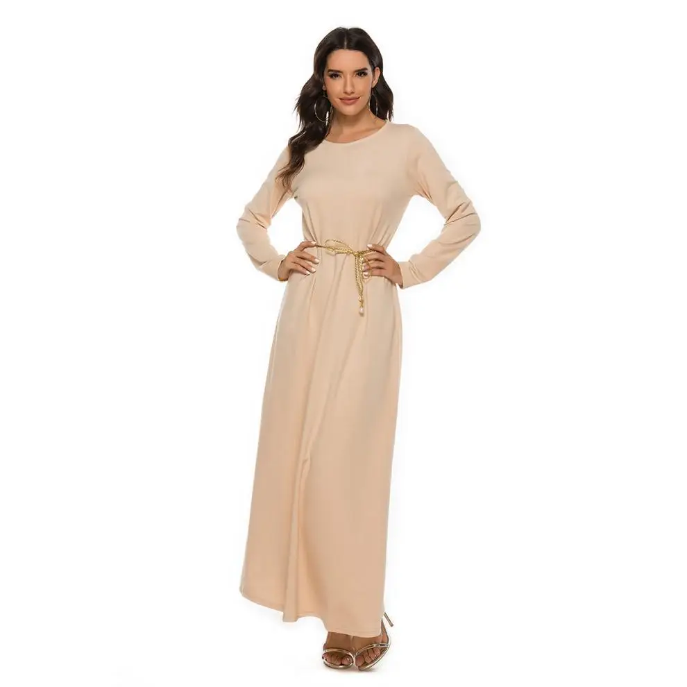 Long Sleeve Muslim Prayer Wear Beige Round Neck Dress — feature 6