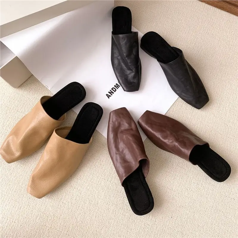 Women Soft Leather Niche Slip-On Toe Cap Mules Black