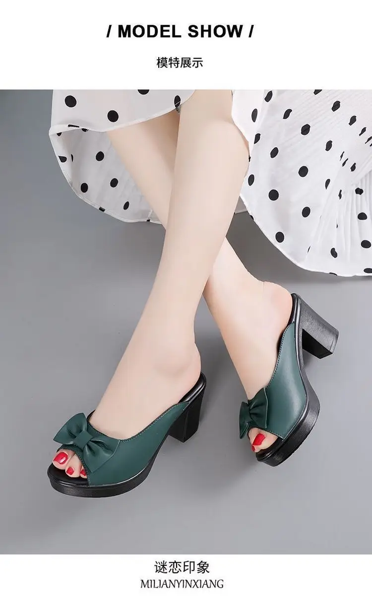 Women's Height-Increasing Slippers with Bowknot, New Style, Chunky Heel, Open-Toe, Versatile, Fashionable, Summer Slippers for Moms — feature 14