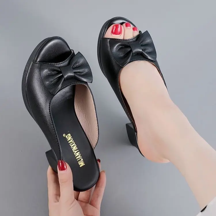Women's Height-Increasing Slippers with Bowknot, New Style, Chunky Heel, Open-Toe, Versatile, Fashionable, Summer Slippers for Moms — feature 4