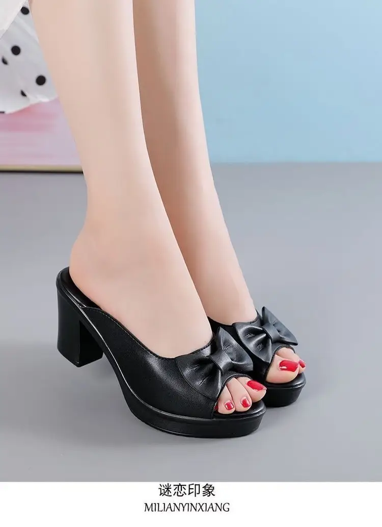 Women's Height-Increasing Slippers with Bowknot, New Style, Chunky Heel, Open-Toe, Versatile, Fashionable, Summer Slippers for Moms — feature 9