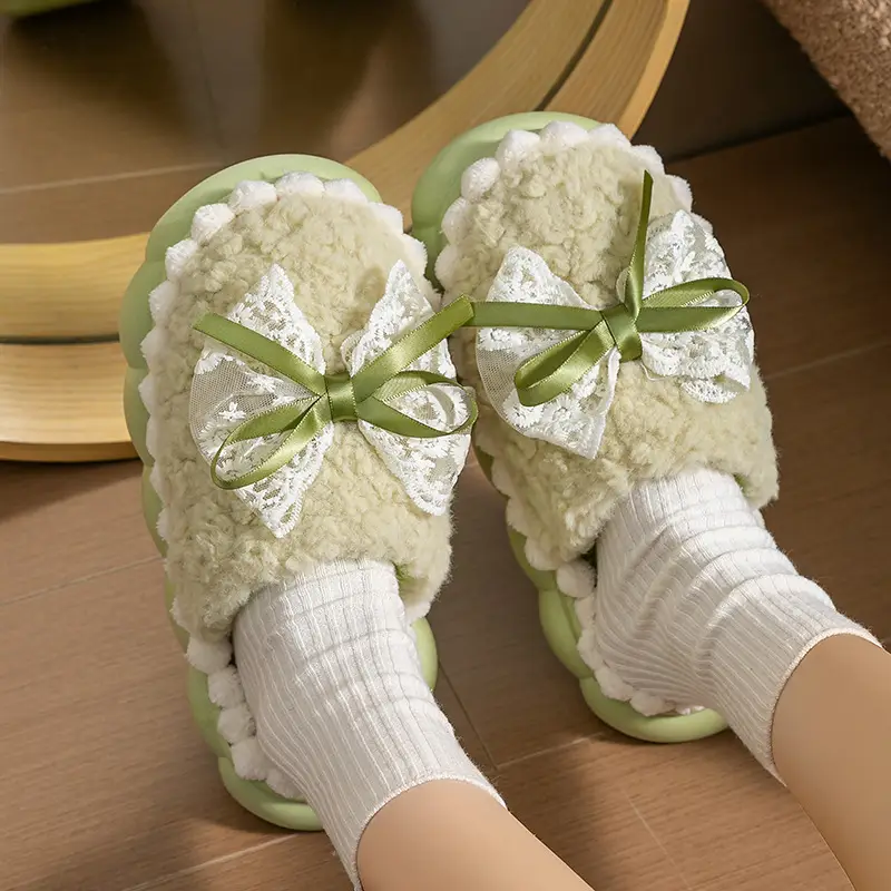 2025 New Lace Bow Cotton Slippers for Women, Outdoor Non-Slip Maternity Slippers, Warm Cotton Slippers for Women, Wholesale Winter