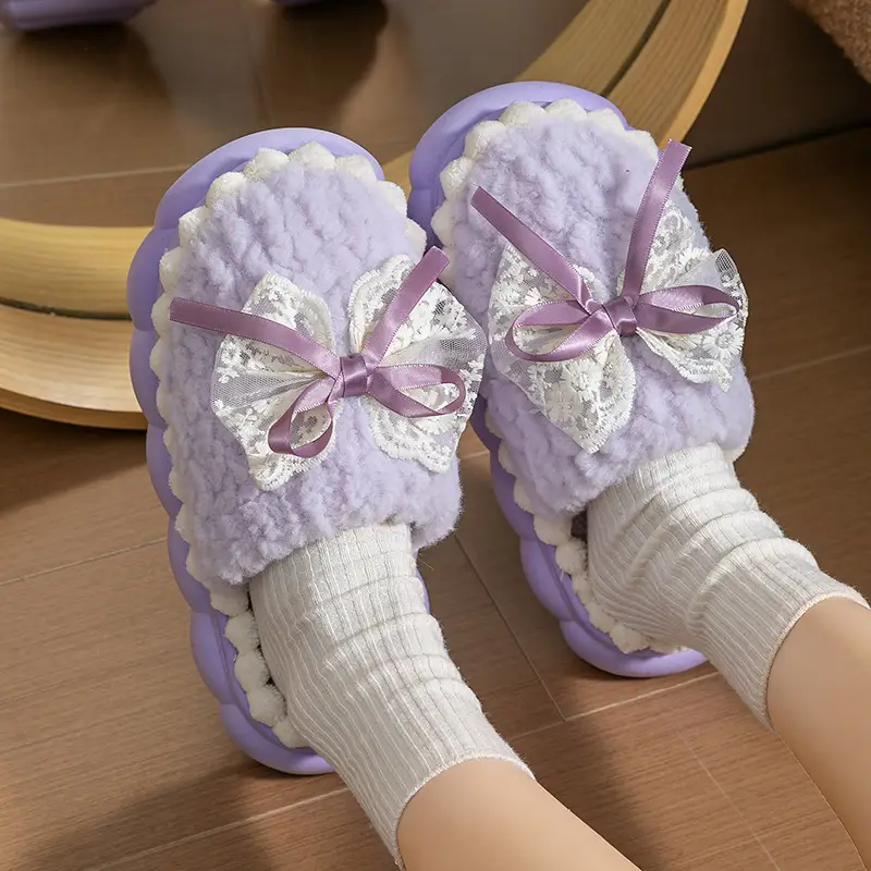 2025 New Lace Bow Cotton Slippers for Women, Outdoor Non-Slip Maternity Slippers, Warm Cotton Slippers for Women, Wholesale Winter