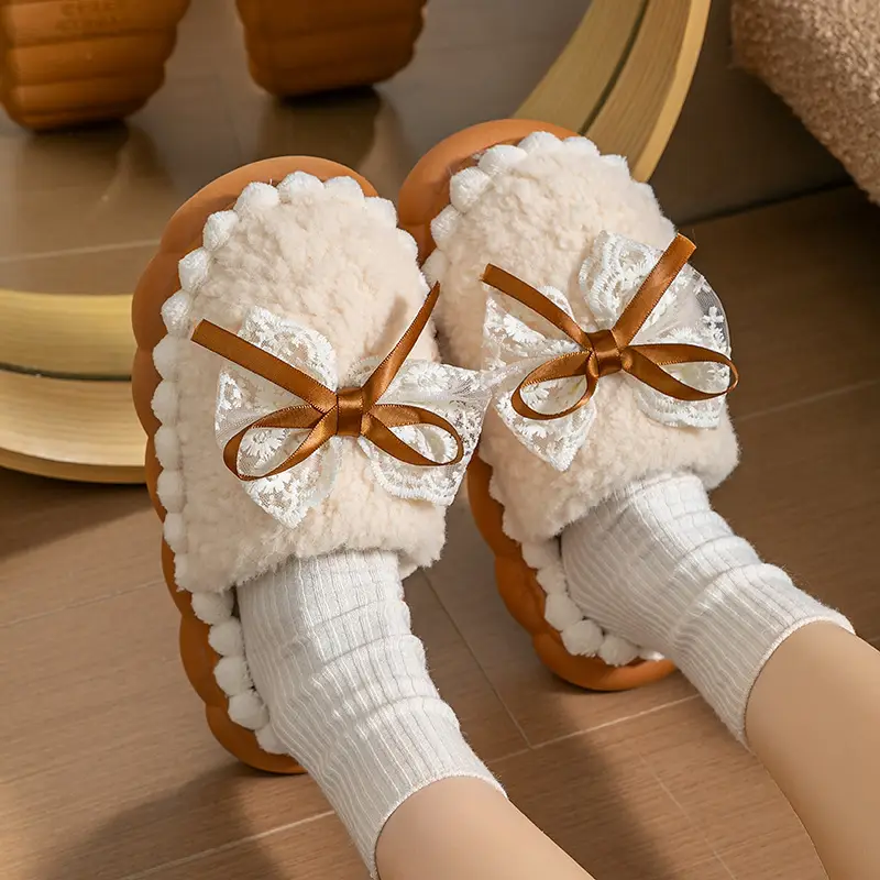 2025 New Lace Bow Cotton Slippers for Women, Outdoor Non-Slip Maternity Slippers, Warm Cotton Slippers for Women, Wholesale Winter