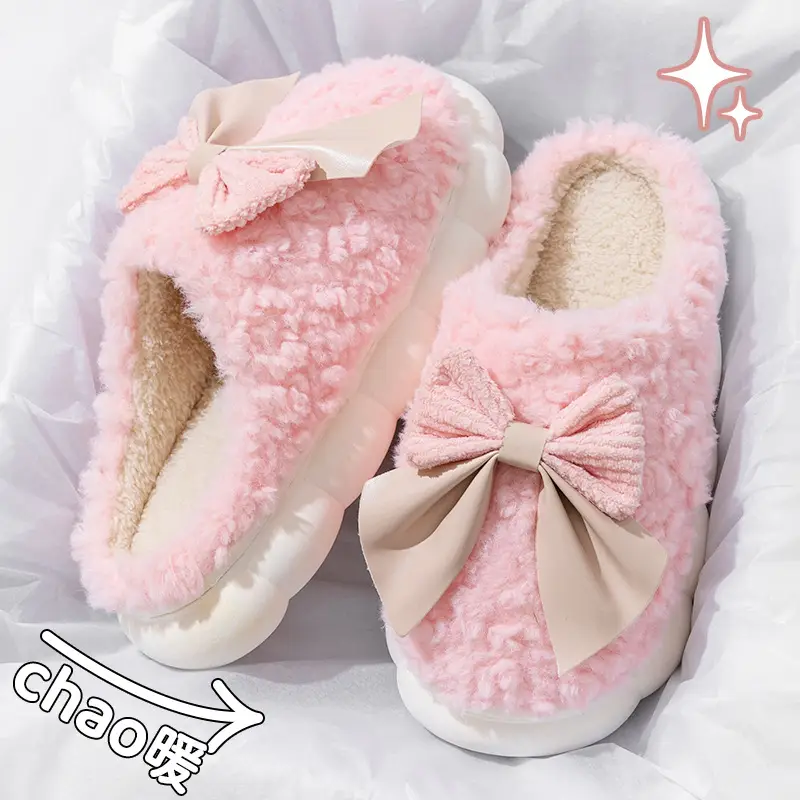 2025 New Lace Bow Cotton Slippers for Women, Outdoor Non-Slip Maternity Slippers, Warm Cotton Slippers for Women, Wholesale Winter