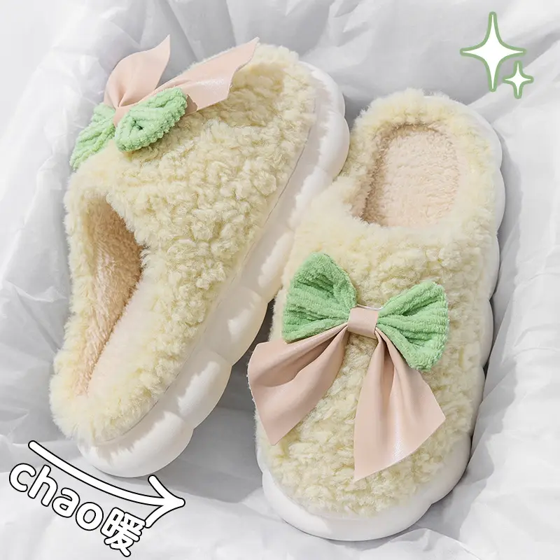 2025 New Lace Bow Cotton Slippers for Women, Outdoor Non-Slip Maternity Slippers, Warm Cotton Slippers for Women, Wholesale Winter