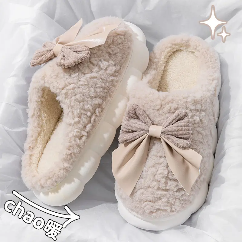 2025 New Lace Bow Cotton Slippers for Women, Outdoor Non-Slip Maternity Slippers, Warm Cotton Slippers for Women, Wholesale Winter