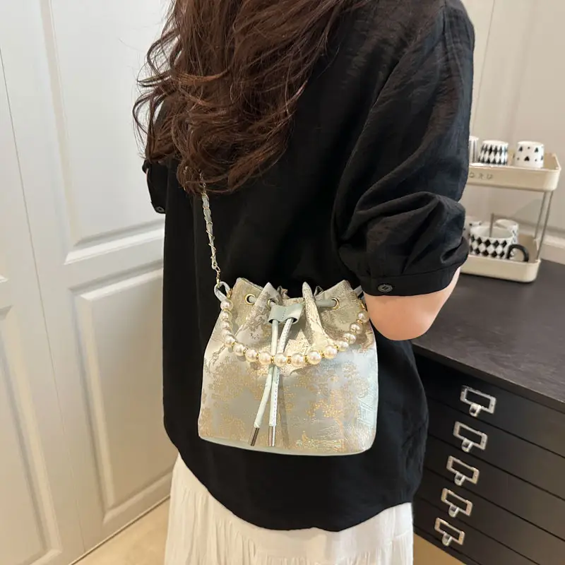 New Embroidered Vintage Handbag with Pearl Detail