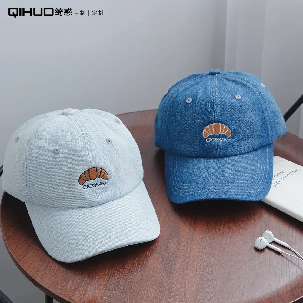 Croissant Embroidered Baseball Cap Light Blue Unisex