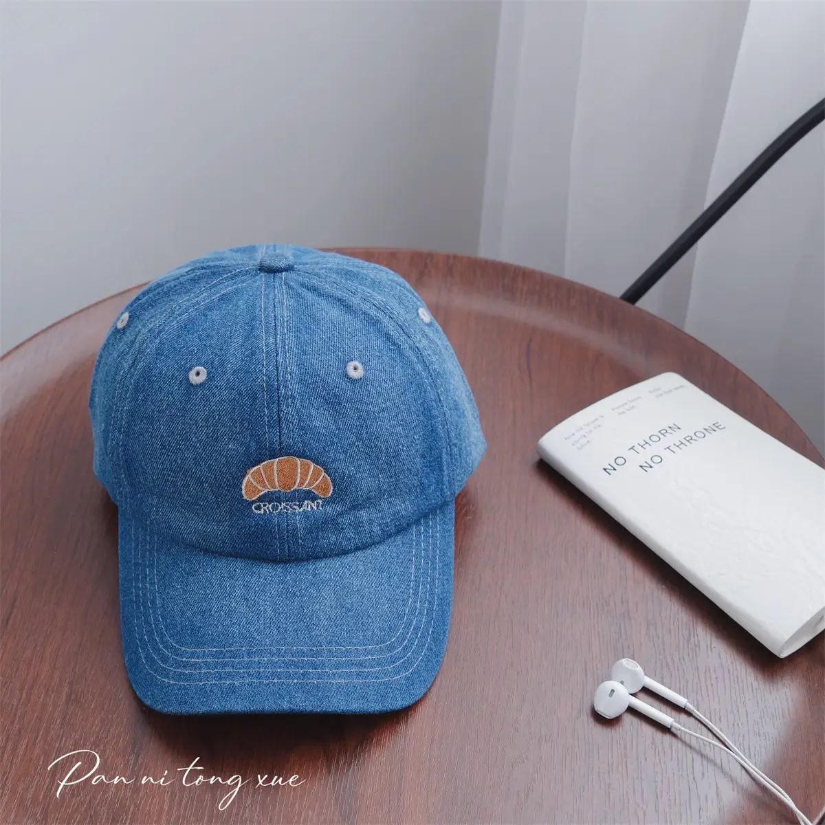 Croissant Embroidered Baseball Cap Light Blue Unisex