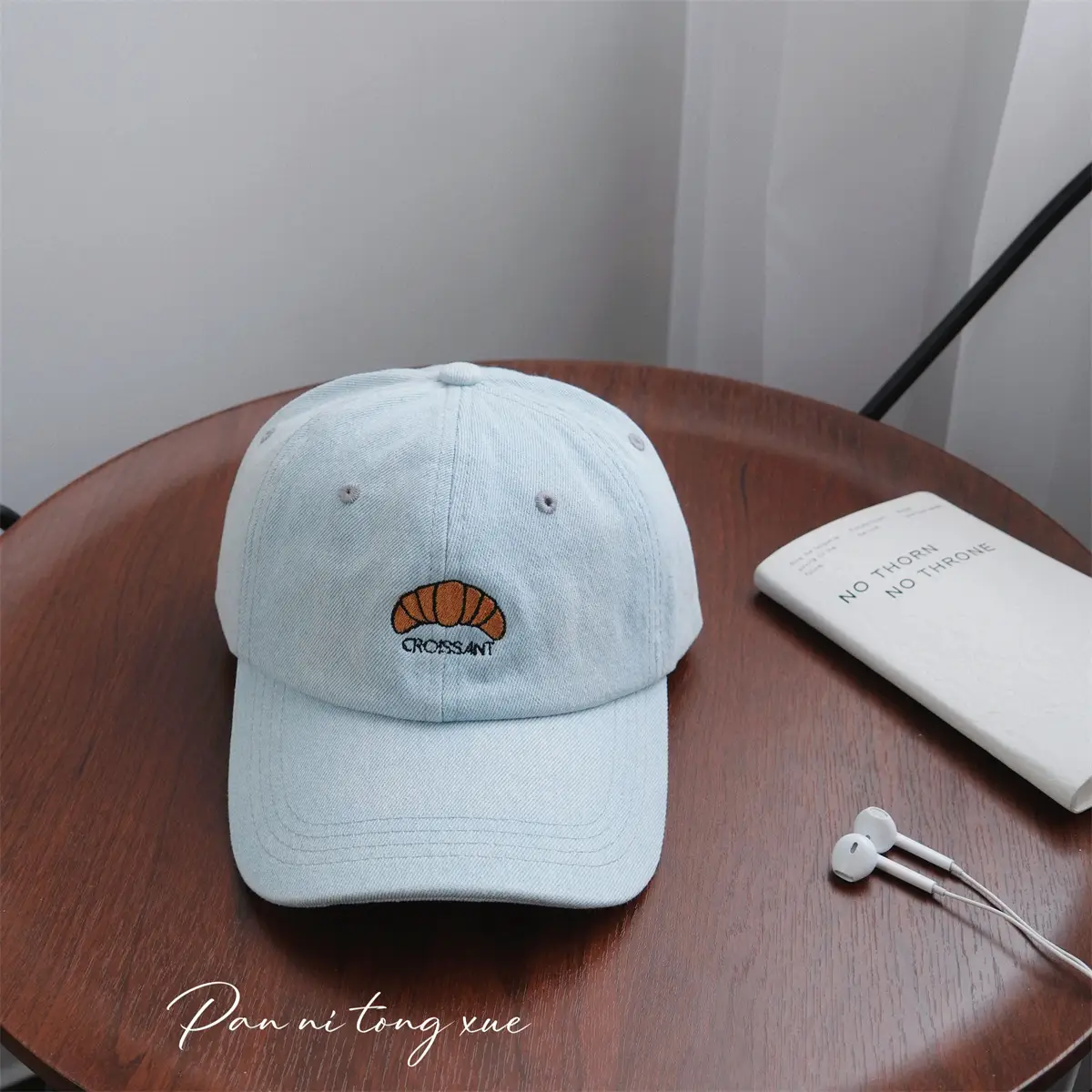 Croissant Embroidered Baseball Cap Light Blue Unisex