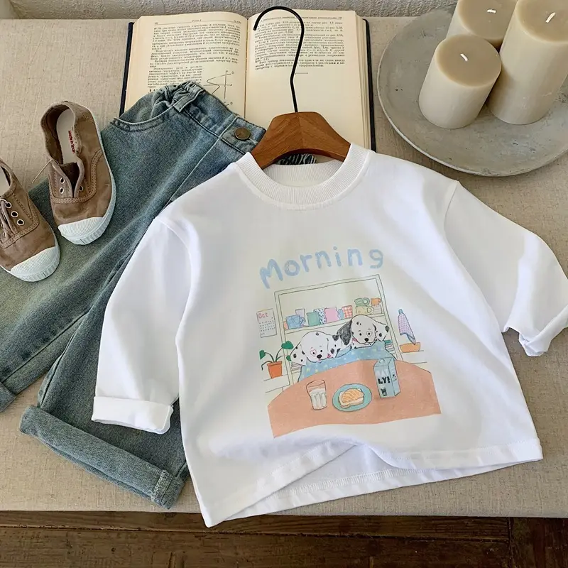 Japanese Style Boys T-Shirt White Morning Cartoon Print