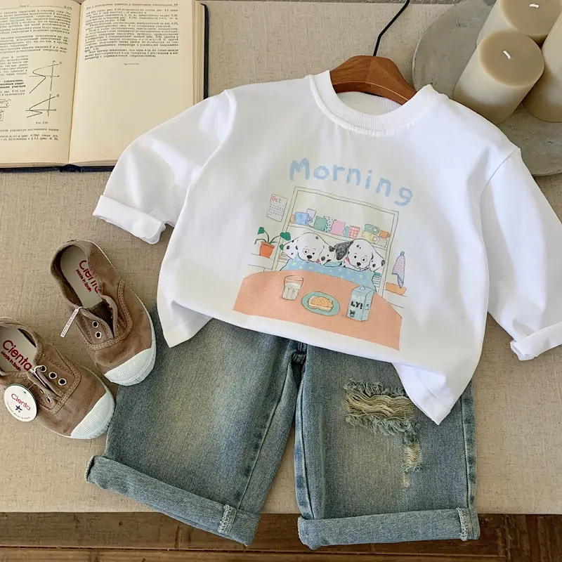 Japanese Style Boys T-Shirt White Morning Cartoon Print