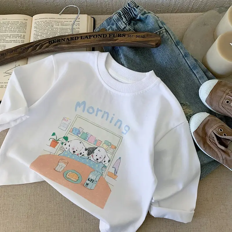 Japanese Style Boys T-Shirt White Morning Cartoon Print — feature 1