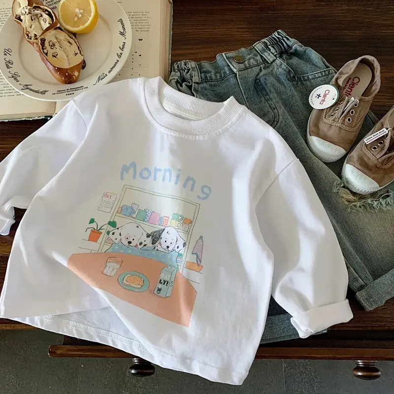 Japanese Style Boys T-Shirt White Morning Cartoon Print — feature 3