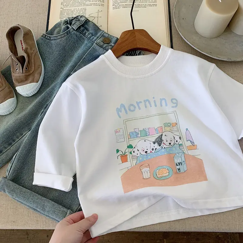 Japanese Style Boys T-Shirt White Morning Cartoon Print — feature 5