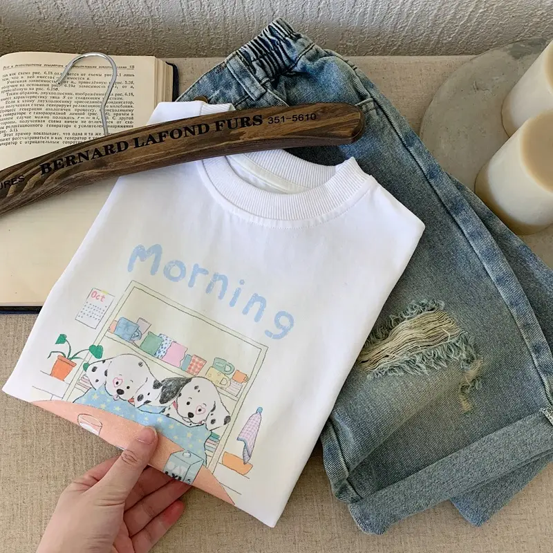 Japanese Style Boys T-Shirt White Morning Cartoon Print — feature 9