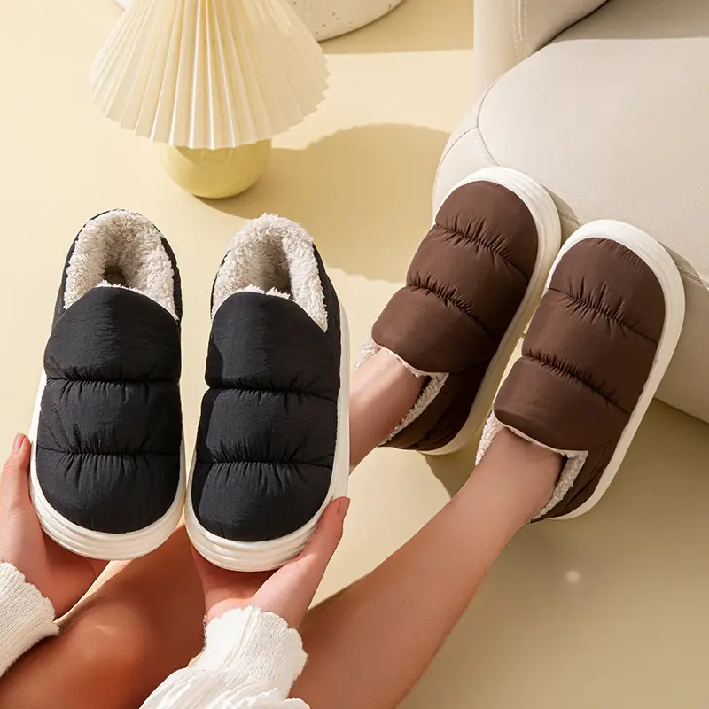 Down Fabric Waterproof Cotton Slippers for Men, New Winter Indoor Home Slippers with Heel Cover, Warm Women's Autumn and Winter Cross-Border Cotton Slippers