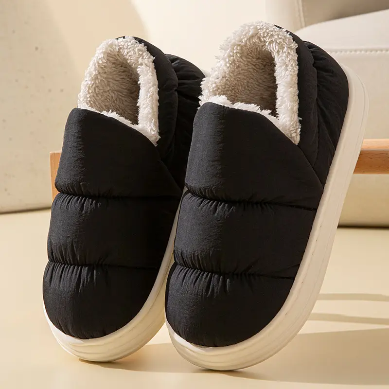 Down Fabric Waterproof Cotton Slippers for Men, New Winter Indoor Home Slippers with Heel Cover, Warm Women's Autumn and Winter Cross-Border Cotton Slippers
