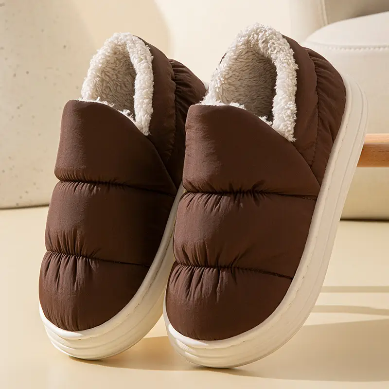 Down Fabric Waterproof Cotton Slippers for Men, New Winter Indoor Home Slippers with Heel Cover, Warm Women's Autumn and Winter Cross-Border Cotton Slippers