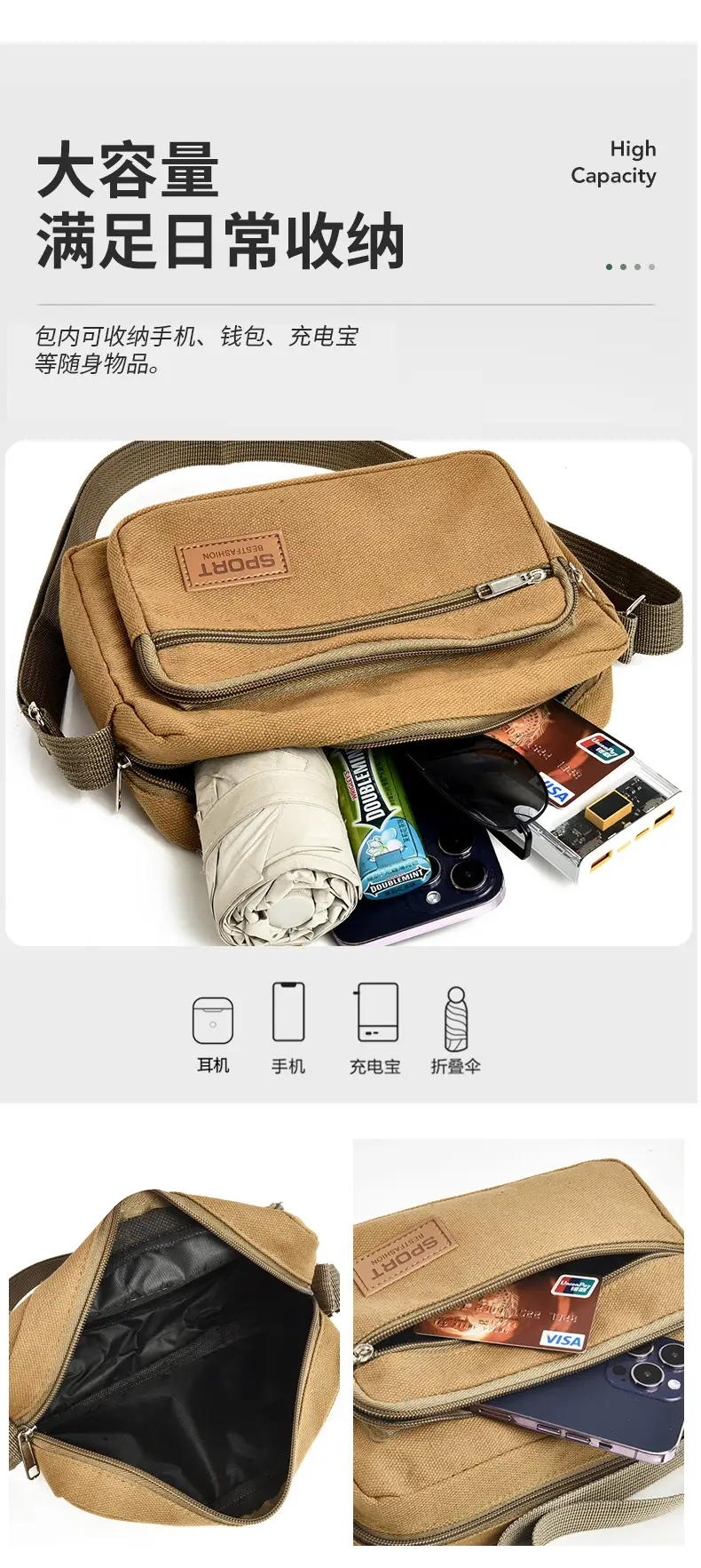 Men's Green Canvas Shoulder Bag with Adjustable Strap — feature 13