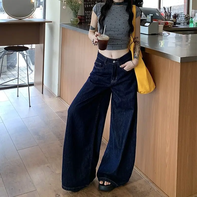 Dark Blue Wide Leg High Waist Jeans for Women 2025