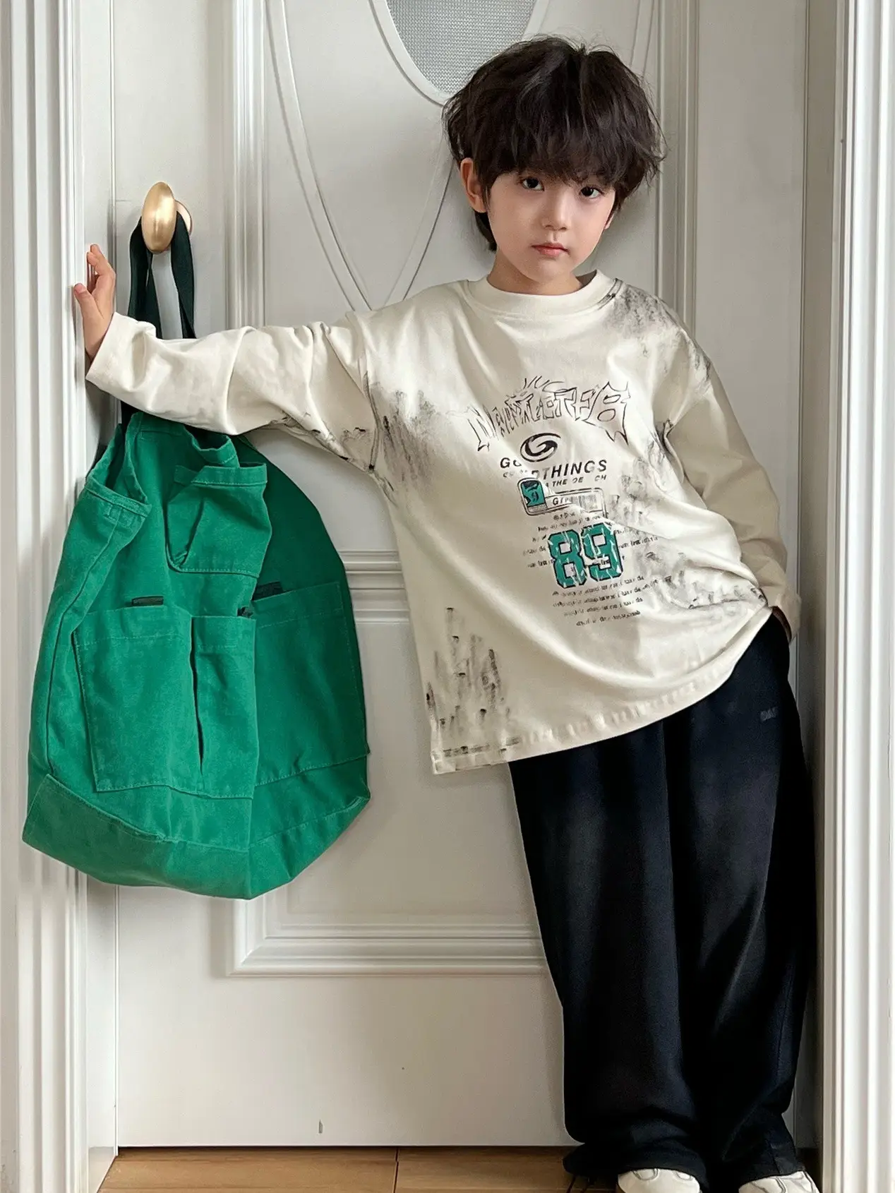 Retro Boys Cotton Long Sleeve T-Shirt Green Bag - Image 4