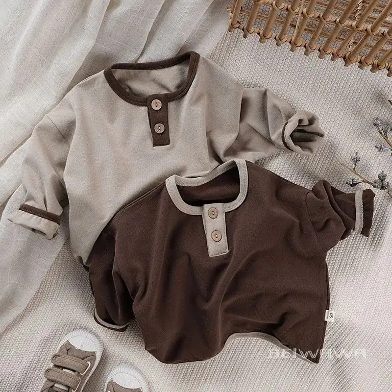 Boys Collar Top T-Shirt Brown Soft Long Sleeve Autumn - Image 3