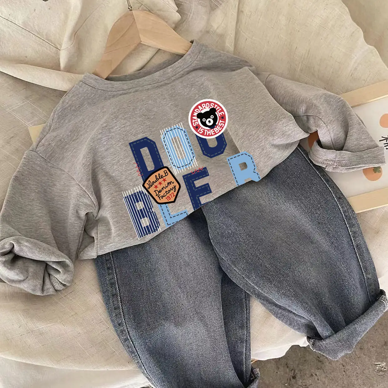 Children Cotton Long Sleeve T-Shirt Set Gray Blue - Image 5