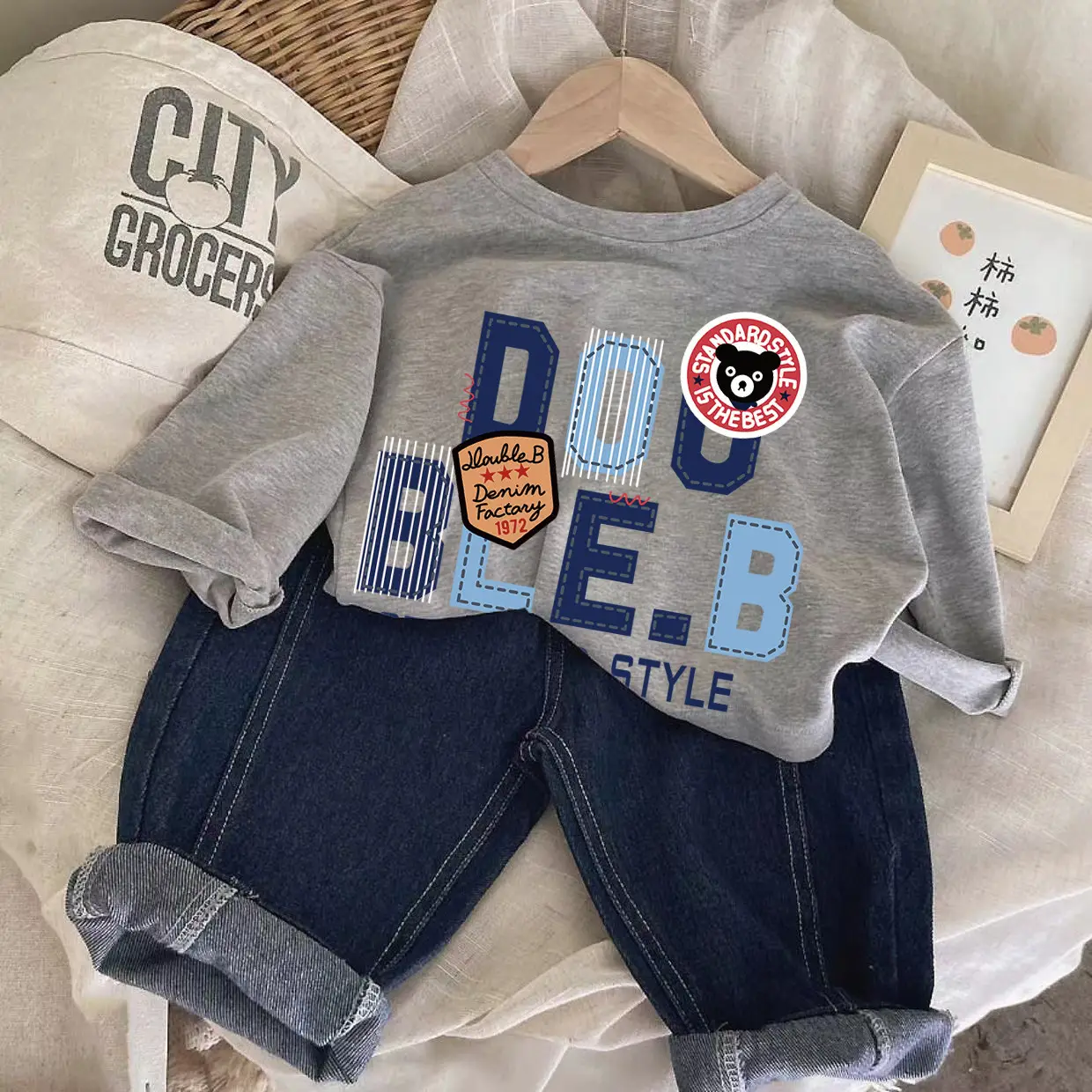 Children Cotton Long Sleeve T-Shirt Set Gray Blue - Image 6
