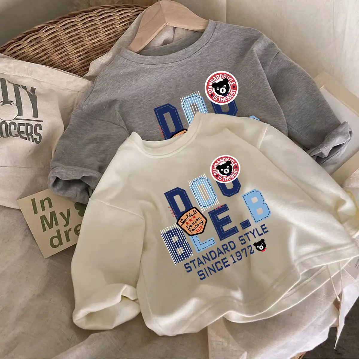 Children Cotton Long Sleeve T-Shirt Set Gray Blue — feature 1