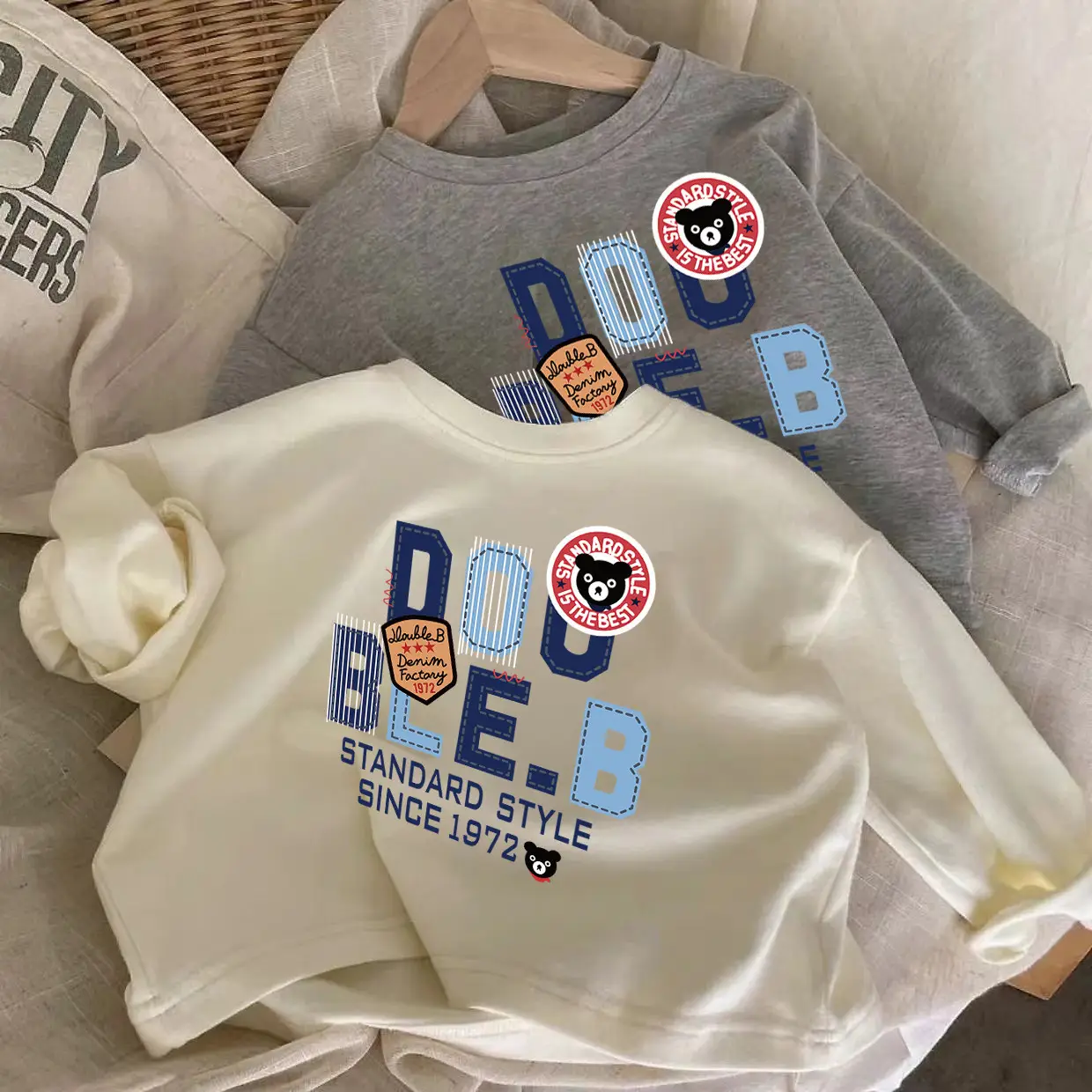 Children Cotton Long Sleeve T-Shirt Set Gray Blue — feature 7