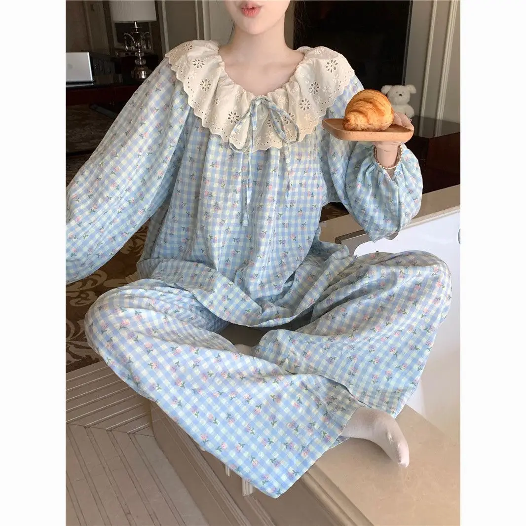 Round Neck Large Lapel Lace Cloud Cotton Pajamas for Women Korean Style Spring and Autumn Long-Sleeved Long Pants Sweet Home Wear Women's Set