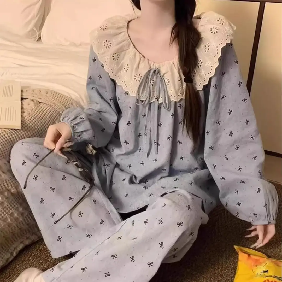 Round Neck Large Lapel Lace Cloud Cotton Pajamas for Women Korean Style Spring and Autumn Long-Sleeved Long Pants Sweet Home Wear Women's Set