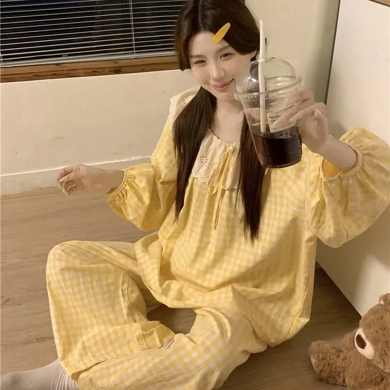 Round Neck Large Lapel Lace Cloud Cotton Pajamas for Women Korean Style Spring and Autumn Long-Sleeved Long Pants Sweet Home Wear Women's Set