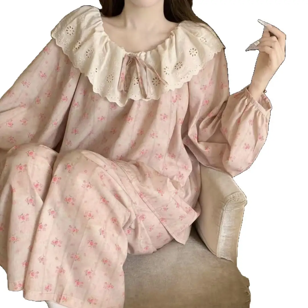 Round Neck Large Lapel Lace Cloud Cotton Pajamas for Women Korean Style Spring and Autumn Long-Sleeved Long Pants Sweet Home Wear Women's Set