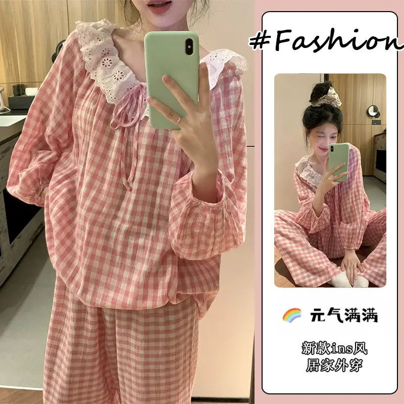 Round Neck Large Lapel Lace Cloud Cotton Pajamas for Women Korean Style Spring and Autumn Long-Sleeved Long Pants Sweet Home Wear Women's Set