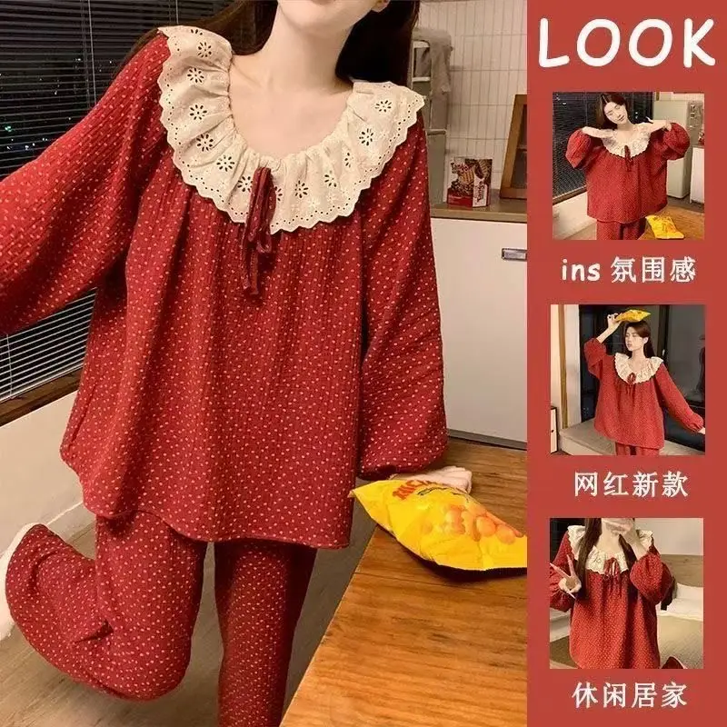 Round Neck Large Lapel Lace Cloud Cotton Pajamas for Women Korean Style Spring and Autumn Long-Sleeved Long Pants Sweet Home Wear Women's Set